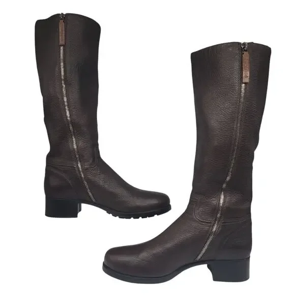 靴 PRADA leather long boots dark brown Logo leather boots in brown - Prada | Mytheresa